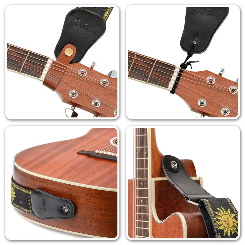 BestSounds Guitar Strap, Vintage Embroidered Sun Straps with Genuine Leather Ends Guitar Shoulder Strap for Bass, Acoustic,Classical & Electric Guitar (Black) - Image 5